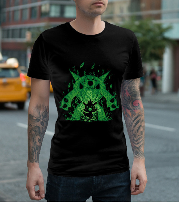 Pokemon Evolution Chesnaught Chespin Silhouette Glowing Green Flames T-Shirt