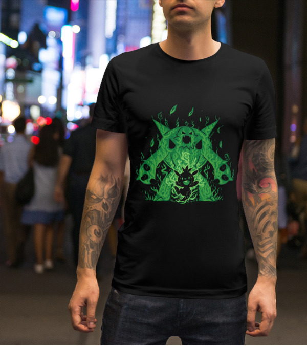 Pokemon Evolution Chesnaught Chespin Silhouette Glowing Green Flames T-Shirt