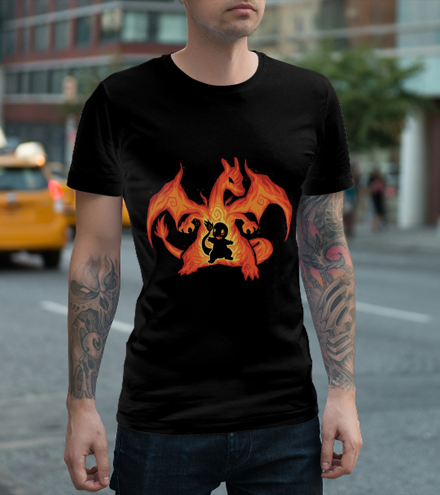 EVOLUTION CHARIZARD AND CHARMANDER POKEMON FIRE TRANSFORMATION T-Shirt