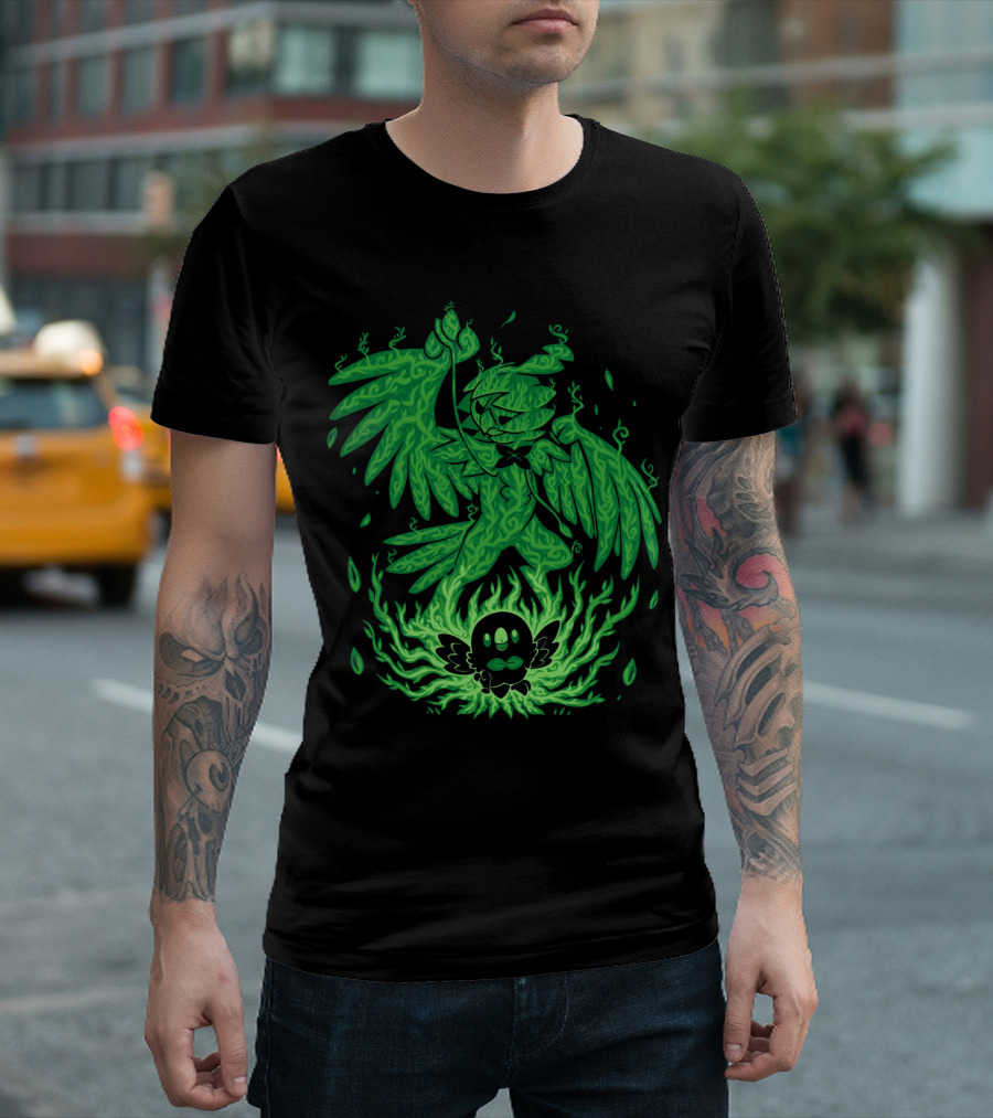 EVOLUTION POKEMON DECIDUEYE ROWLET GHOSTLY GREEN FLAMES T-Shirt