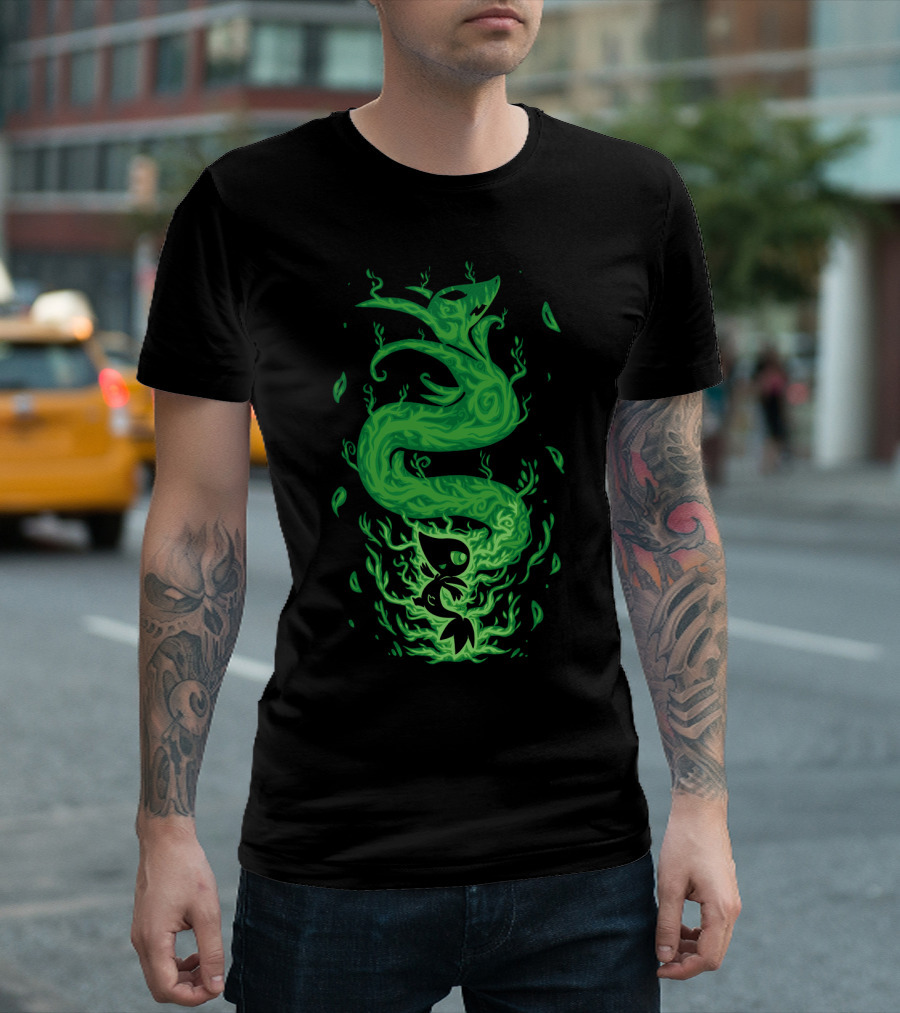 EVOLUTION POKEMON SERPERIOR COILED GREEN FLAMES WITH LEAVES T-Shirt