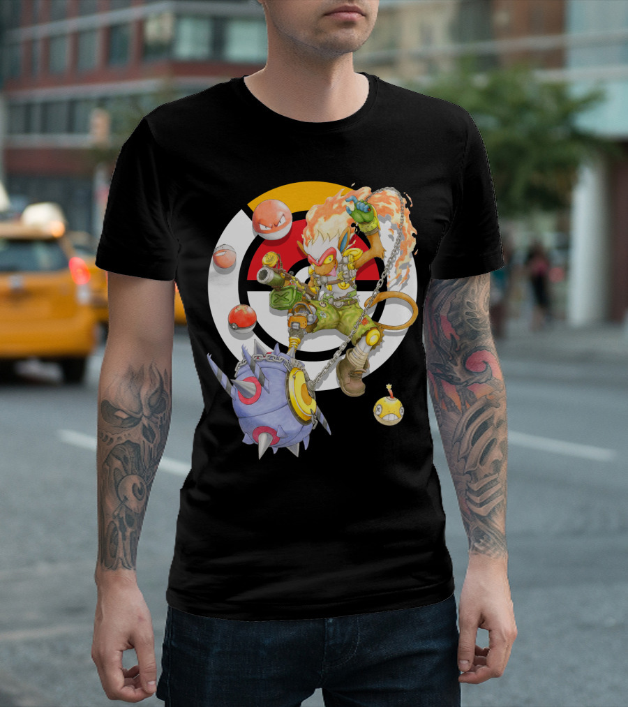 POKEMON X OVERWATCH INFERNAPE AND JUNKRAT MASHUP WITH POKEBALLS AND TEAM EMBLEM T-Shirt