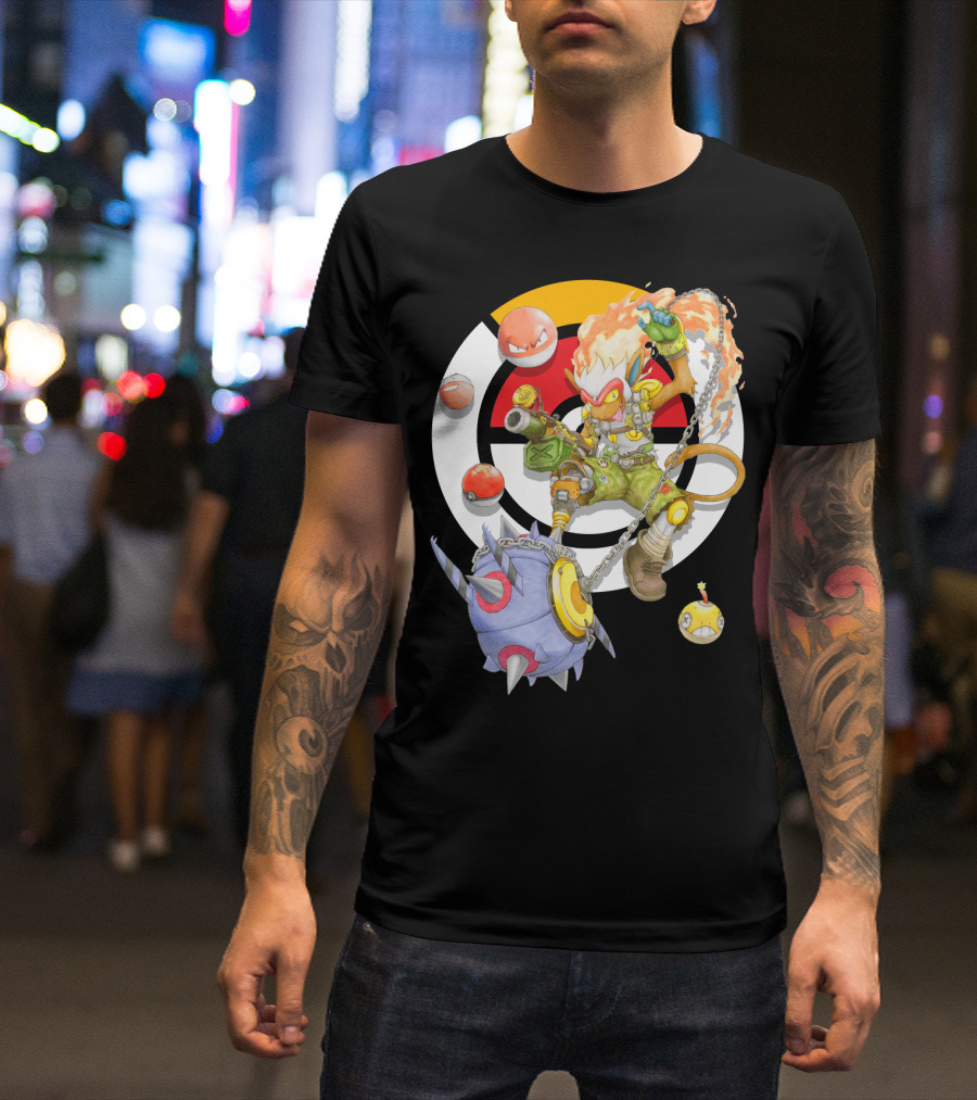 POKEMON X OVERWATCH INFERNAPE AND JUNKRAT MASHUP WITH POKEBALLS AND TEAM EMBLEM T-Shirt