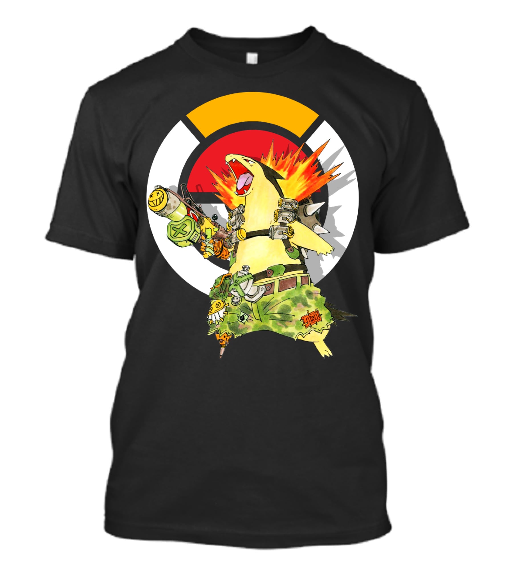 POKEMON TYPHLOSION JUNKRAT CROSSOVER SYMBOL BACKGROUND T-Shirt
