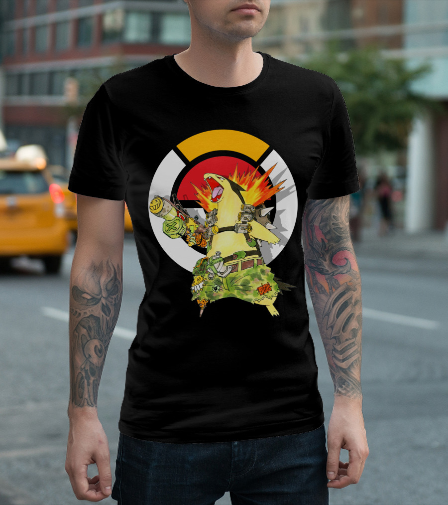 POKEMON TYPHLOSION JUNKRAT CROSSOVER SYMBOL BACKGROUND T-Shirt
