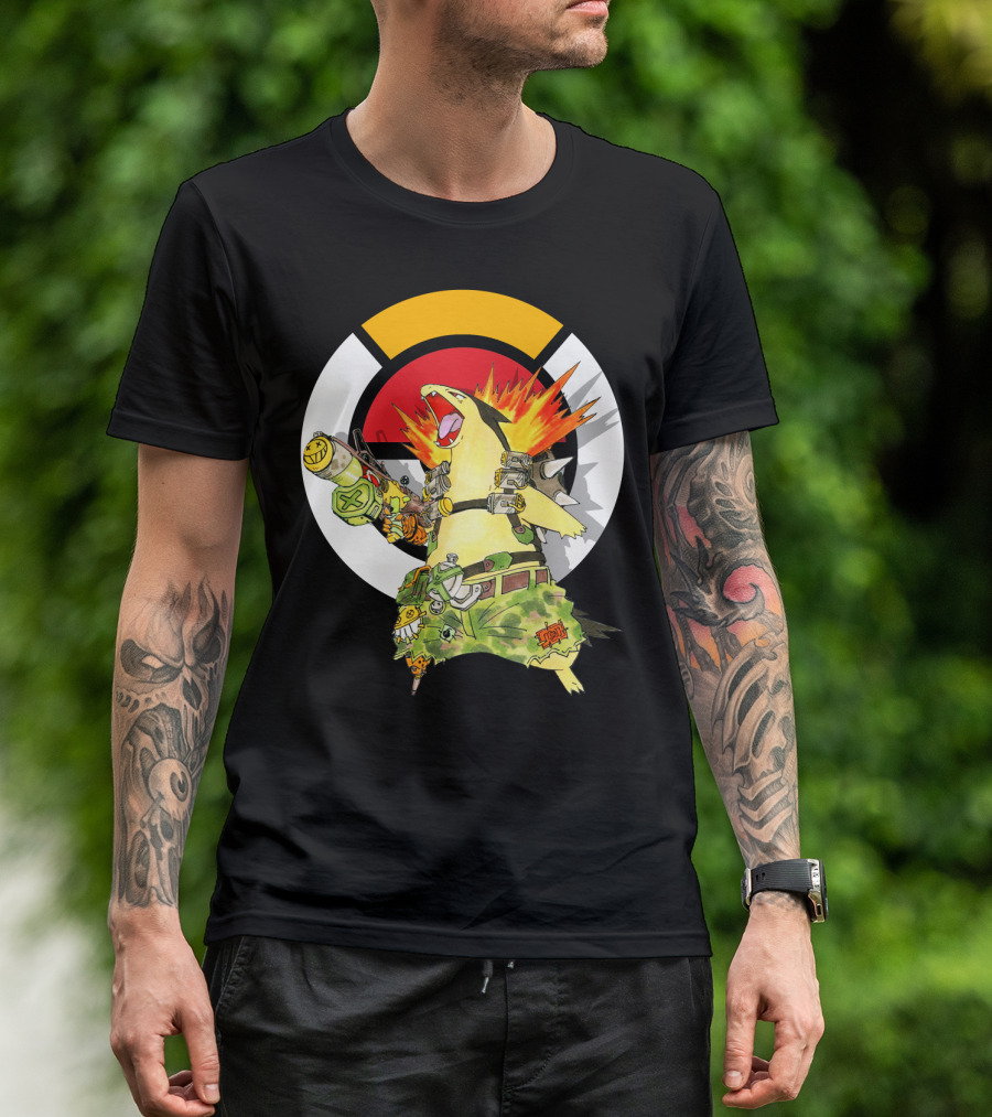 POKEMON TYPHLOSION JUNKRAT CROSSOVER SYMBOL BACKGROUND T-Shirt