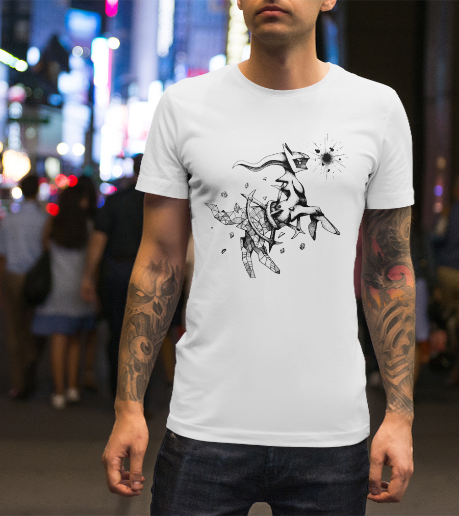 Geometric Pokemon Arceus Monochrome Ink Sketch With Abstract Fragmentation Elements T-Shirt