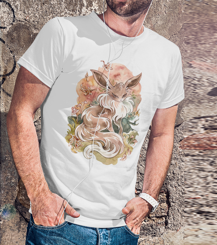 Watercolor Pokemon Eevee With Autumn Leaves And Flowers T-Shirt