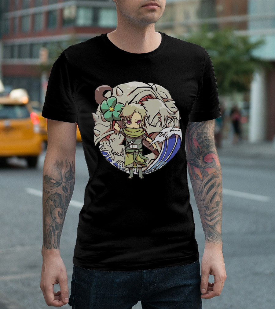 Katarachi Chibi Ninja And Beast With Flower And Wave T-Shirt