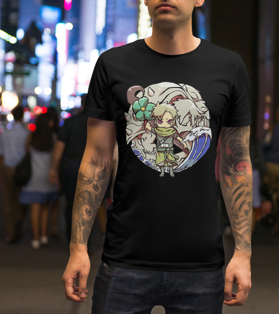 Katarachi Chibi Ninja And Beast With Flower And Wave T-Shirt
