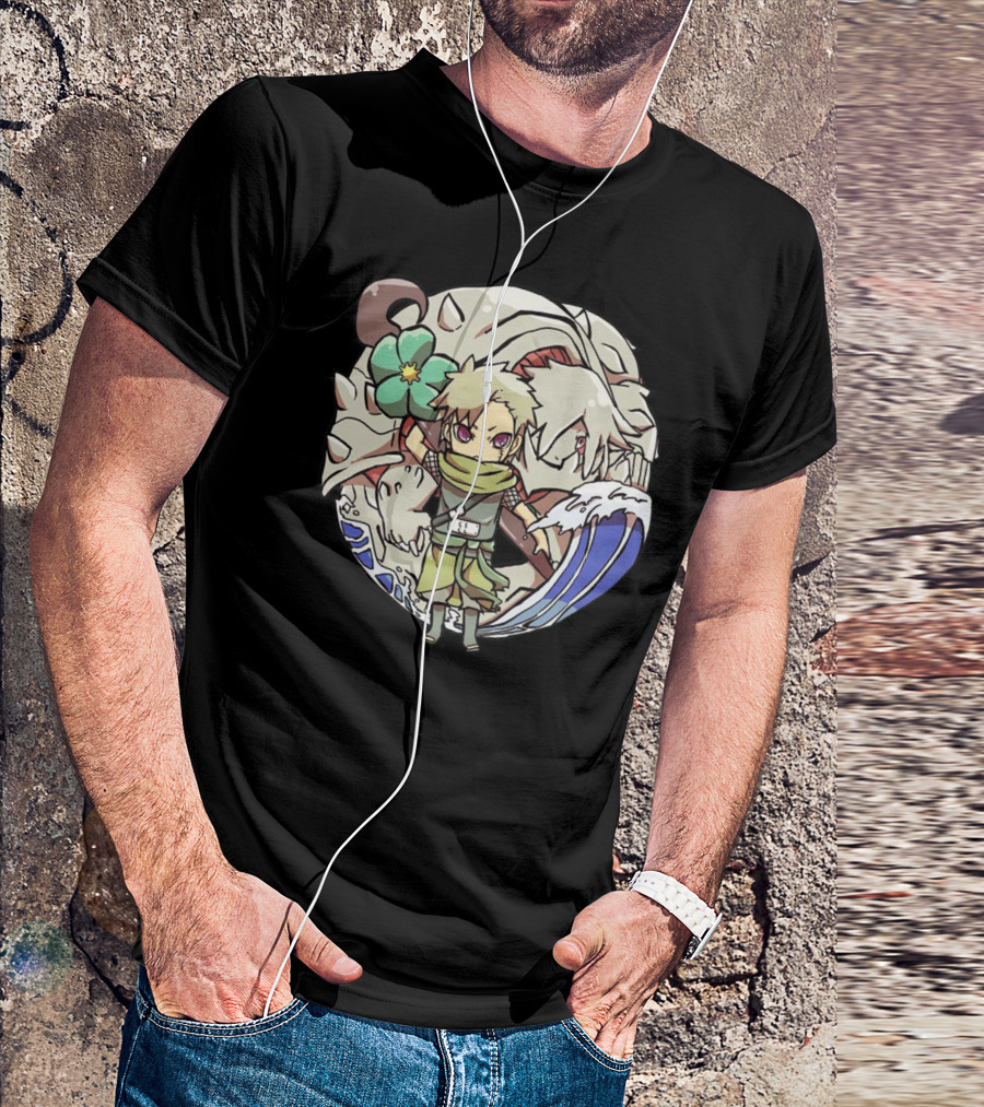 Katarachi Chibi Ninja And Beast With Flower And Wave T-Shirt