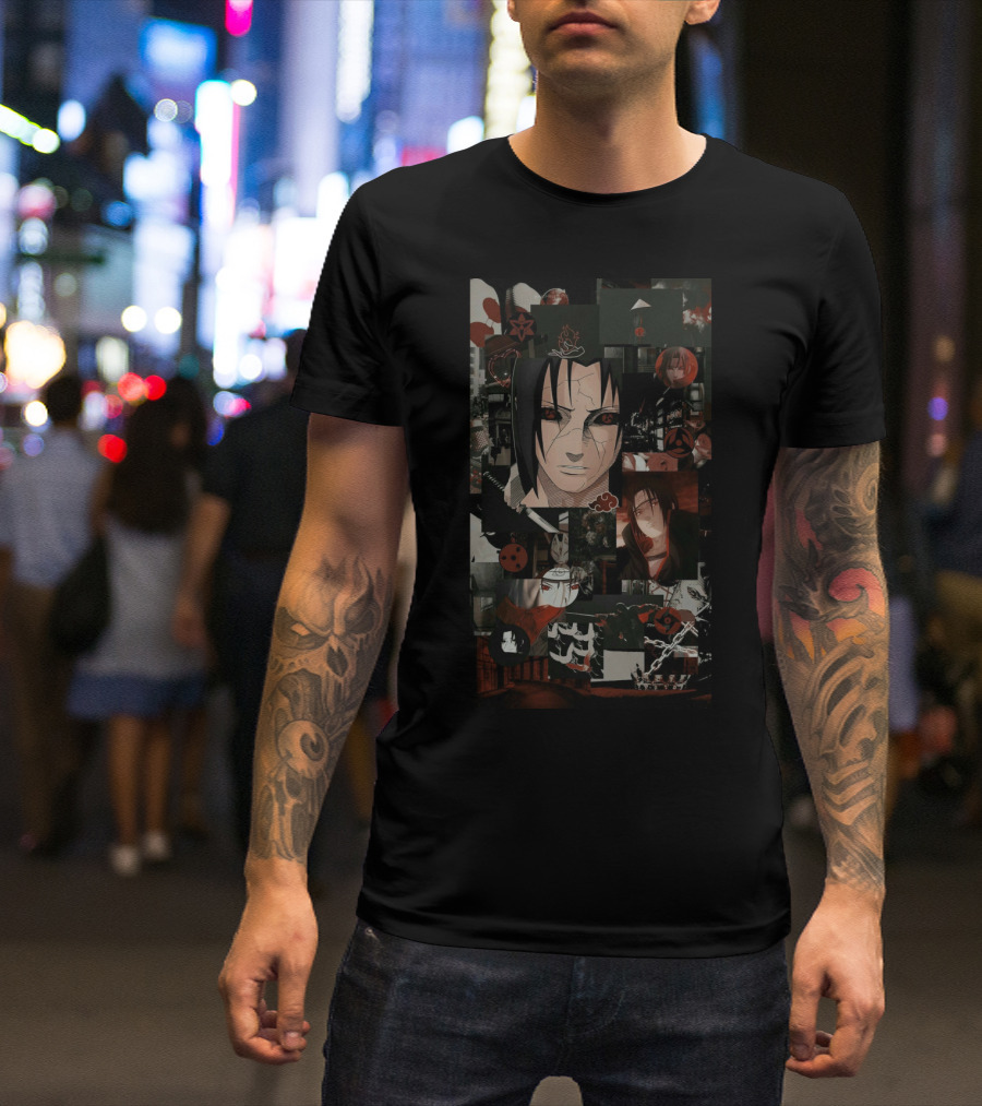 Uchiha Itachi Anime Character Collage With Sharingan And Akatsuki Symbols T-Shirt