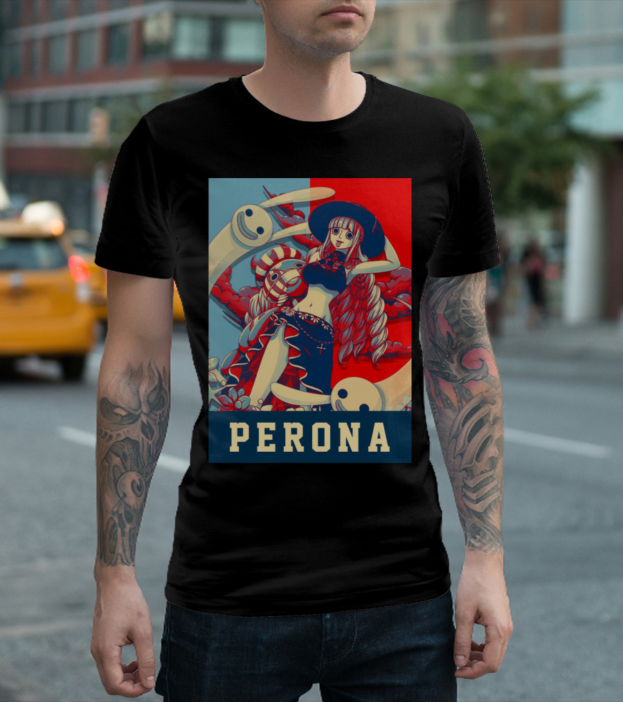 Perona One Piece Manga Anime Character with Ghosts and Red Blue Split Background T-Shirt