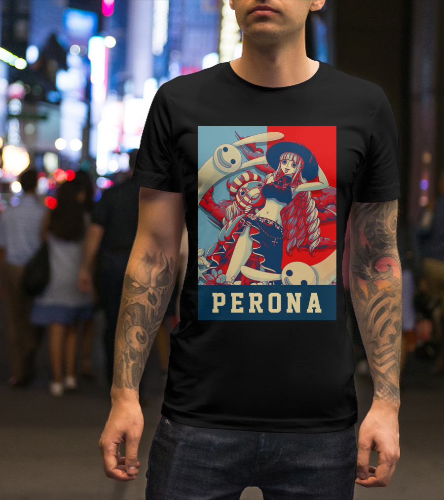 Perona One Piece Manga Anime Character With Ghosts And Red Blue Split Background T-Shirt