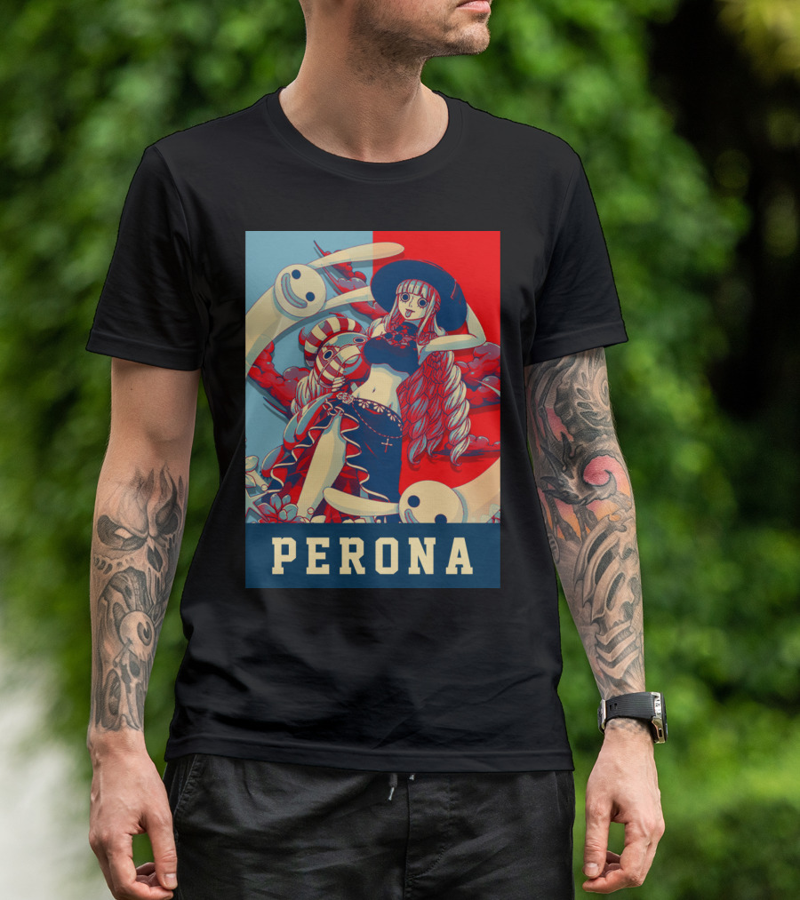Perona One Piece Manga Anime Character With Ghosts And Red Blue Split Background T-Shirt