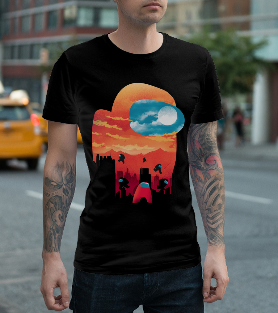 Sunset Among Us Impostors Skyline Scene T-Shirt