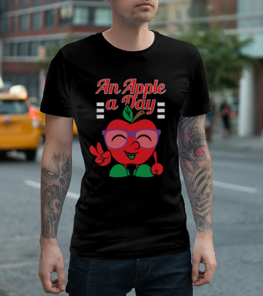 An Apple A Day Smiling Cartoon Apple With Glasses And Peace Sign T-Shirt
