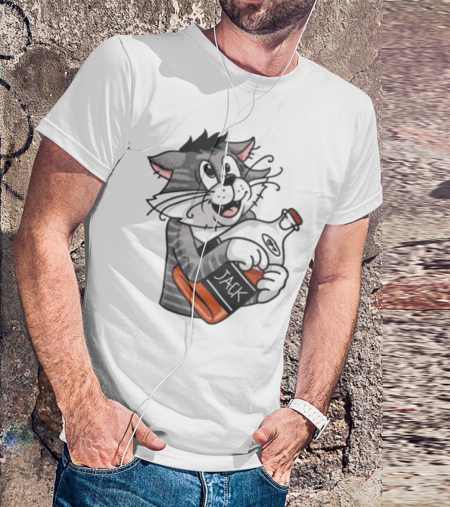 Jack Whiskey Cat Hugging Bottle Playful Striped Kitty Character T-Shirt