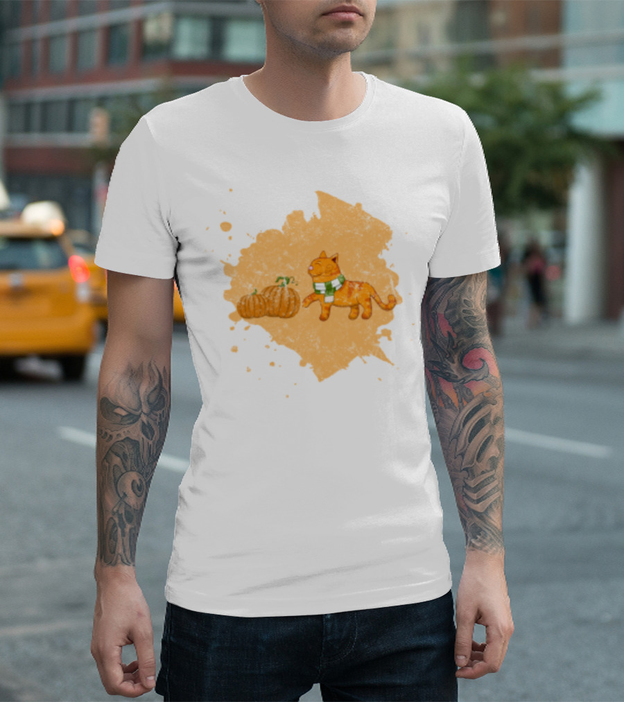Kitty With Scarf And Pumpkins On Splash Background T-Shirt