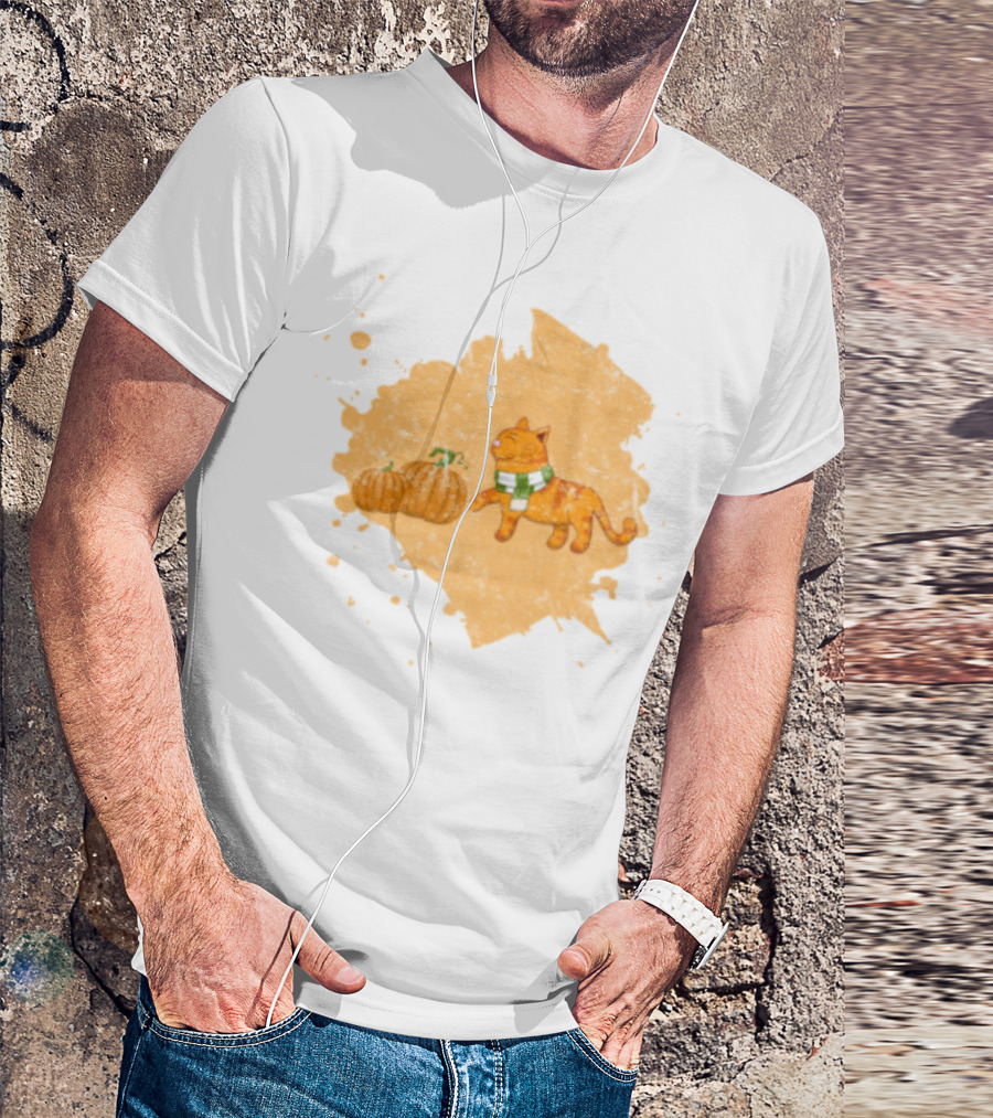 Kitty With Scarf And Pumpkins On Splash Background T-Shirt