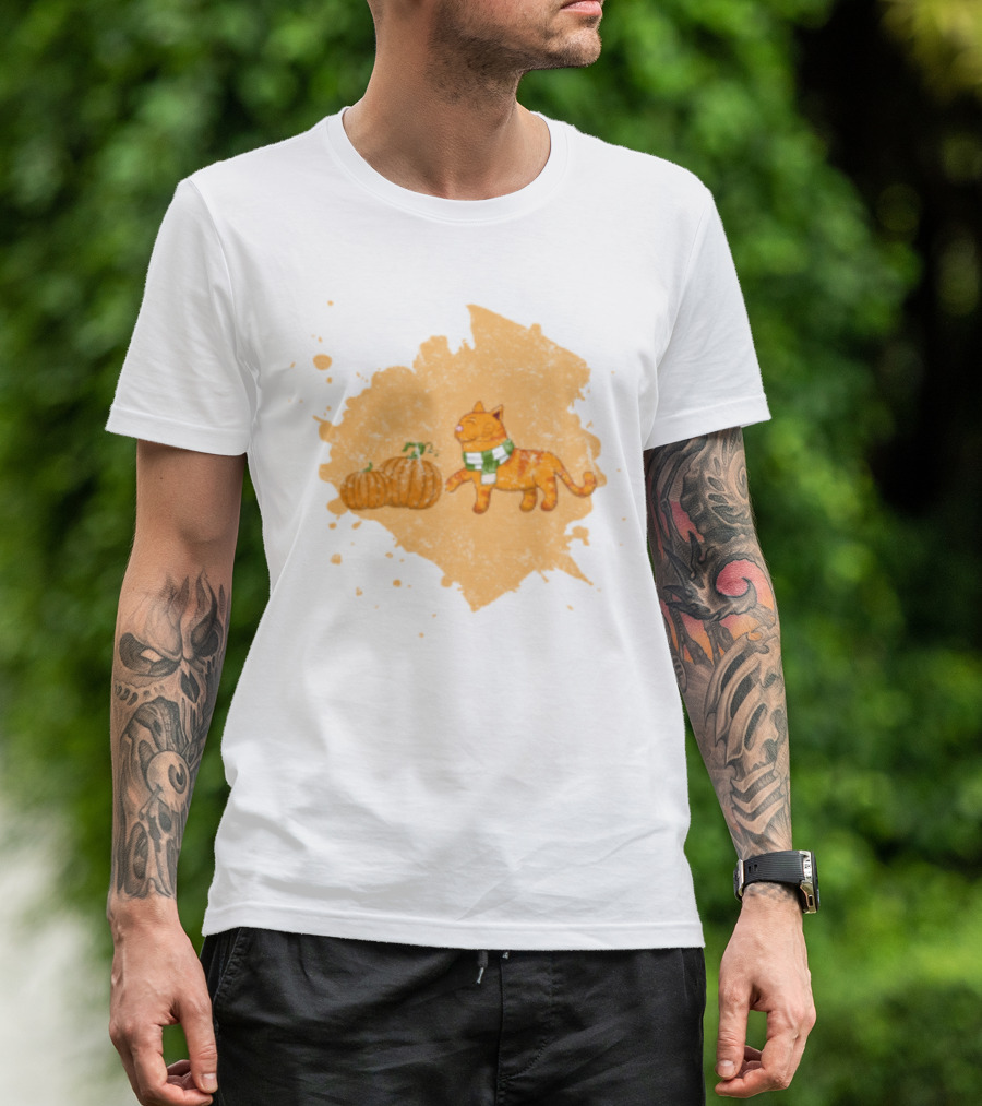 Kitty With Scarf And Pumpkins On Splash Background T-Shirt