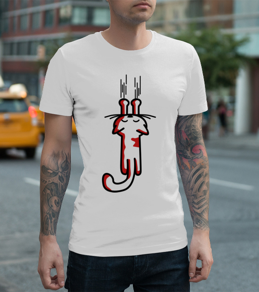 Minimalist Red And White Cartoon Cat With Long Ears Design From 'My Kitty Cats T-Shirt