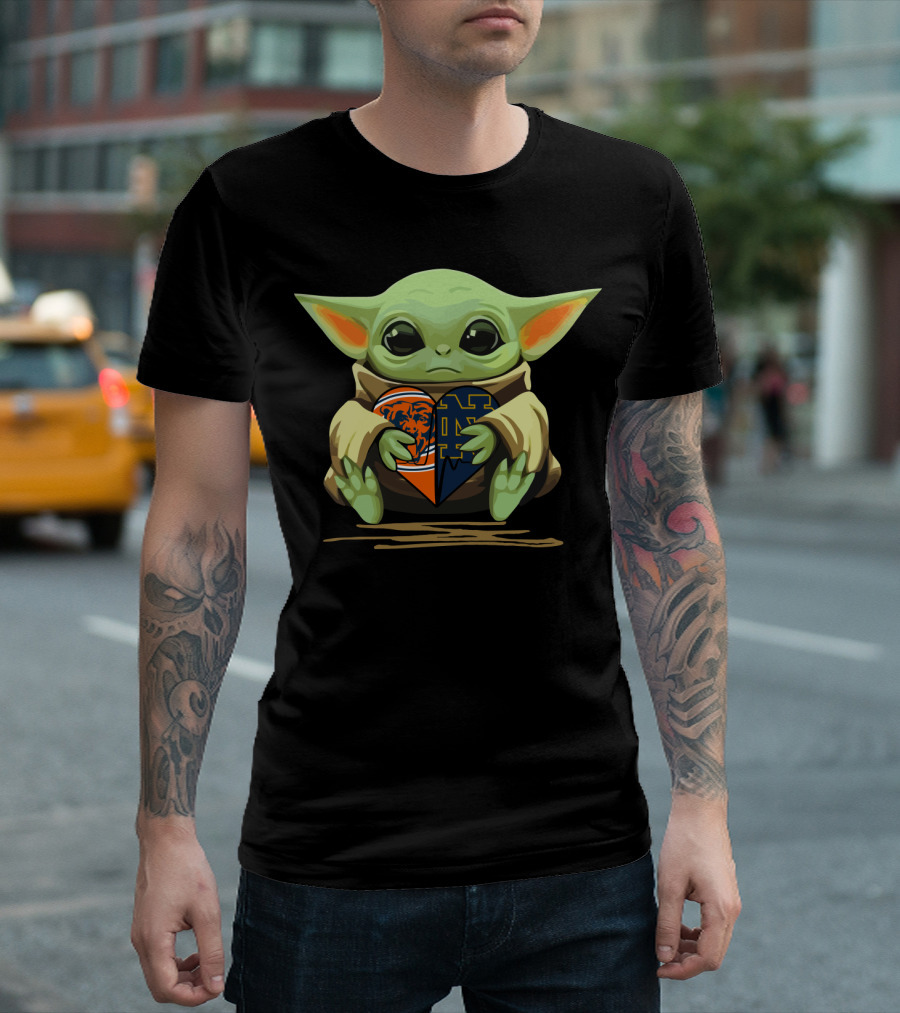 Baby Yoda Holding Chicago Bears And Notre Dame Irish Heart-Shaped T-Shirt