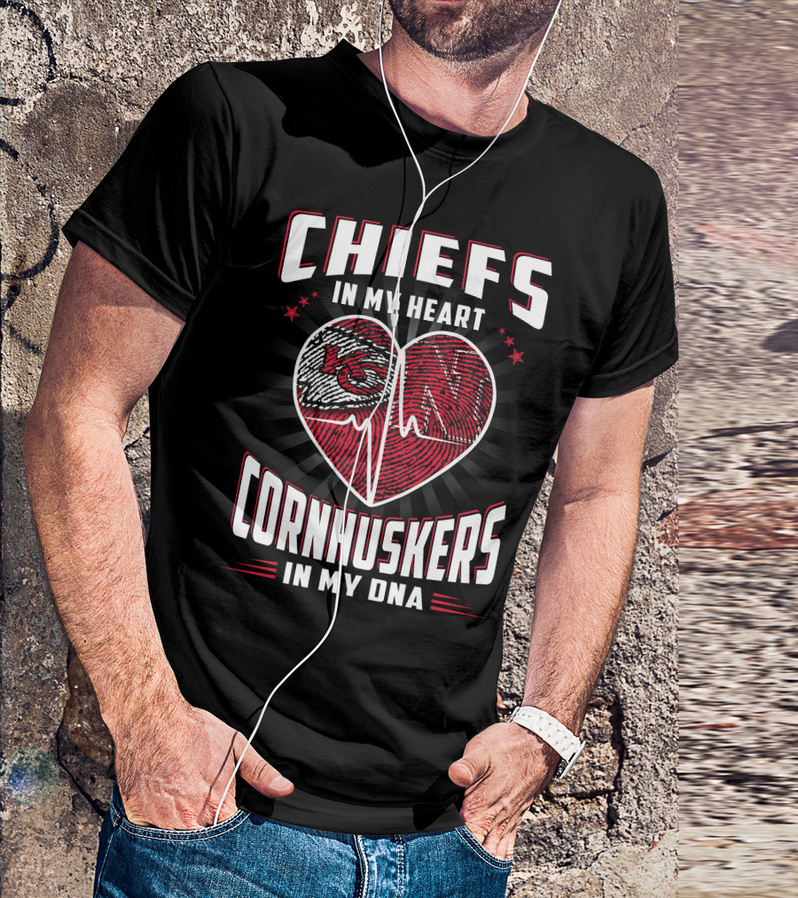 Chiefs In My Heart Cornhuskers Dna Fingerprint Heartbeat T-Shirt