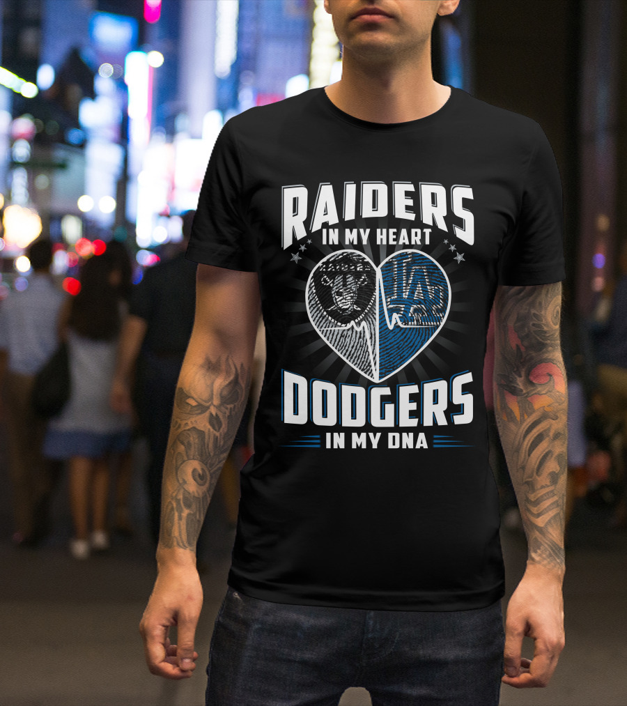 RAIDERS IN MY HEART DODGERS IN MY DNA Heartbeat T-Shirt
