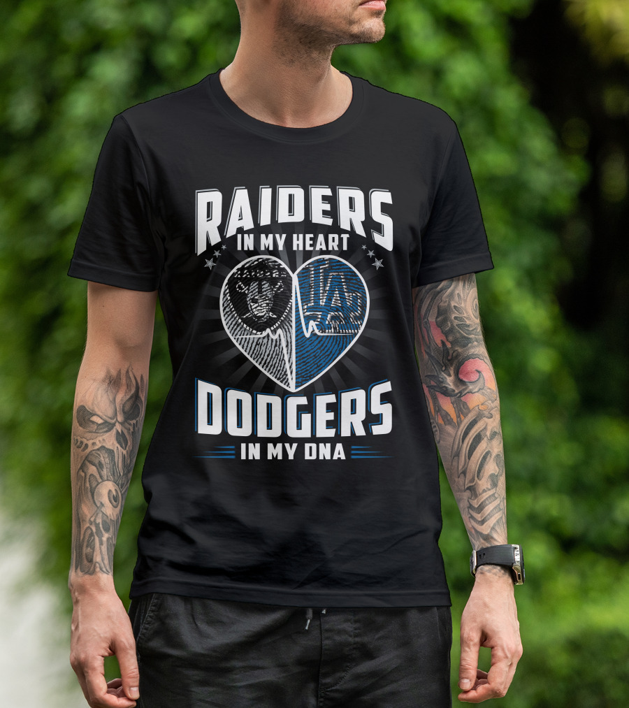 RAIDERS IN MY HEART DODGERS IN MY DNA Heartbeat T-Shirt