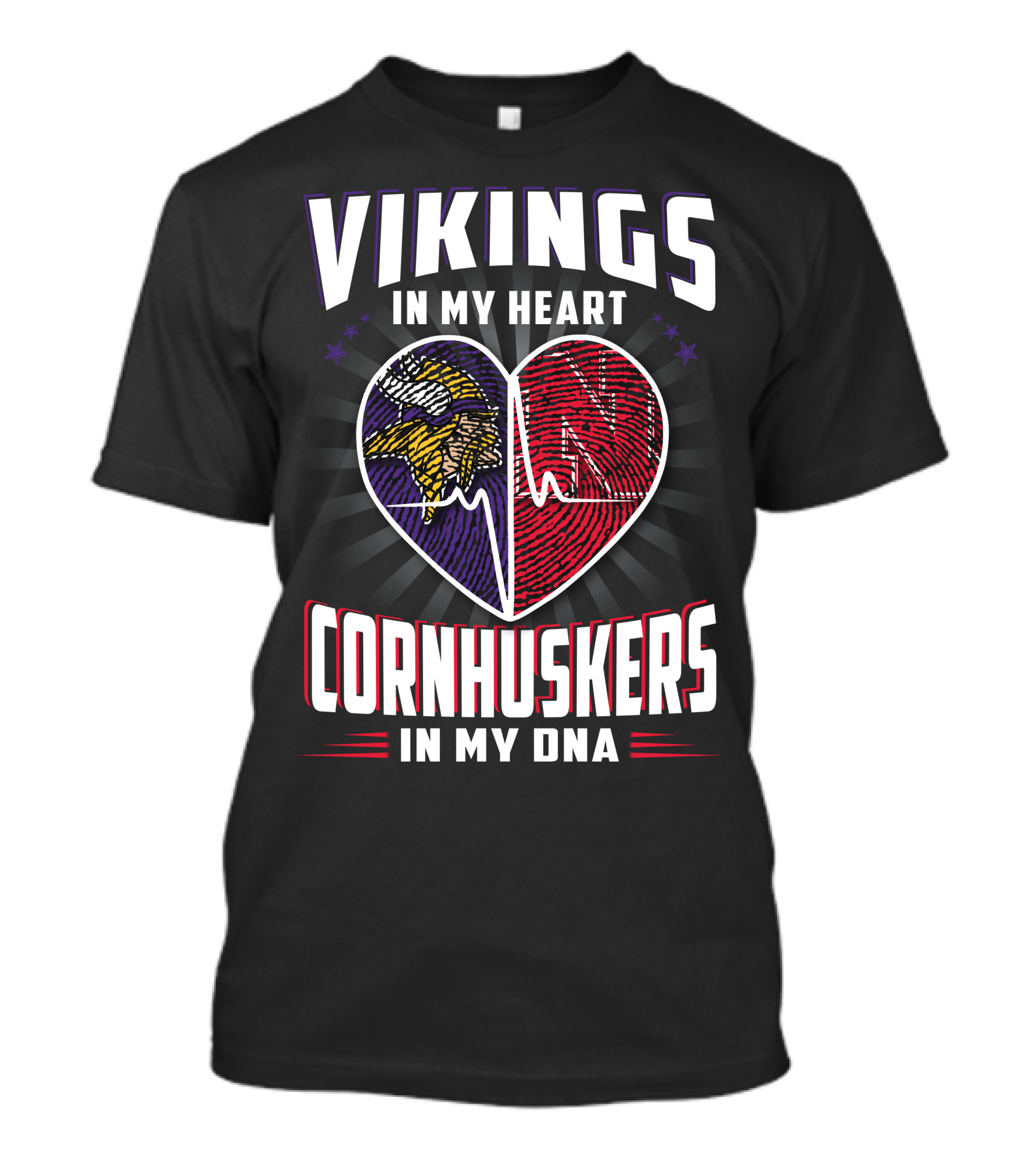 VIKINGS IN MY HEART CORNHUSKERS IN MY DNA FINGERPRINT HEARTBEAT T-Shirt
