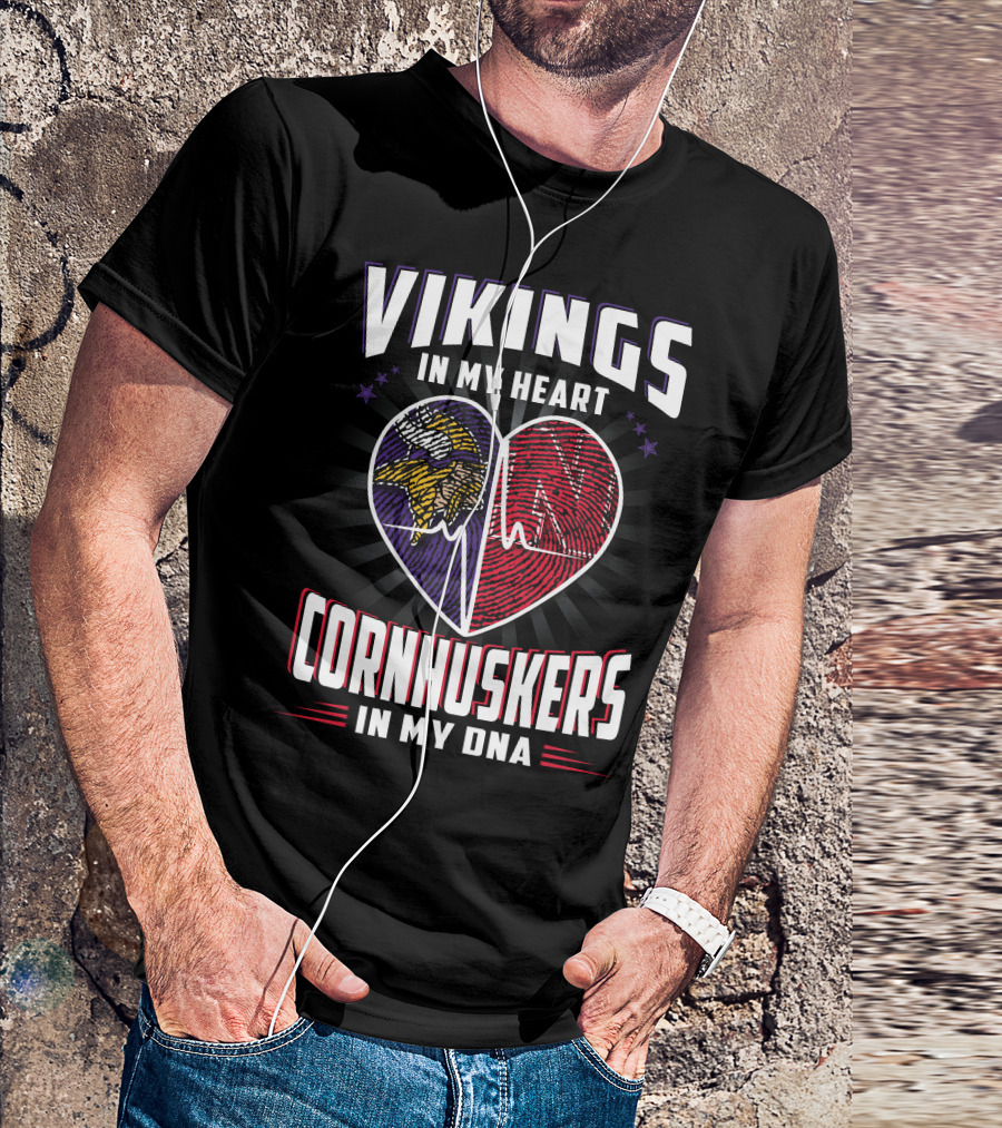 VIKINGS IN MY HEART CORNHUSKERS IN MY DNA FINGERPRINT HEARTBEAT T-Shirt