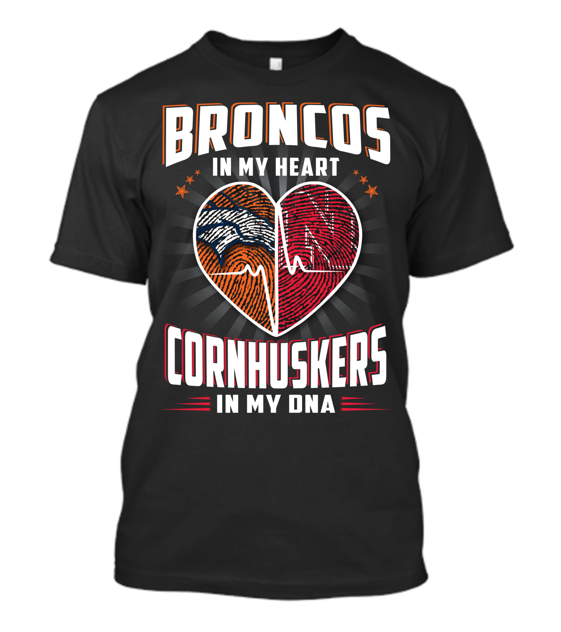 Broncos Heart Cornhuskers Dna Fingerprint Football Pride T-Shirt
