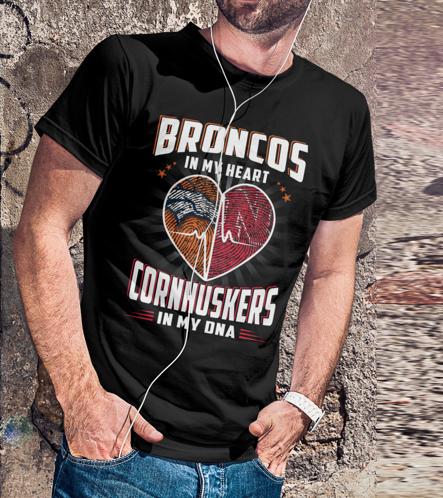 Broncos Heart Cornhuskers Dna Fingerprint Football Pride T-Shirt