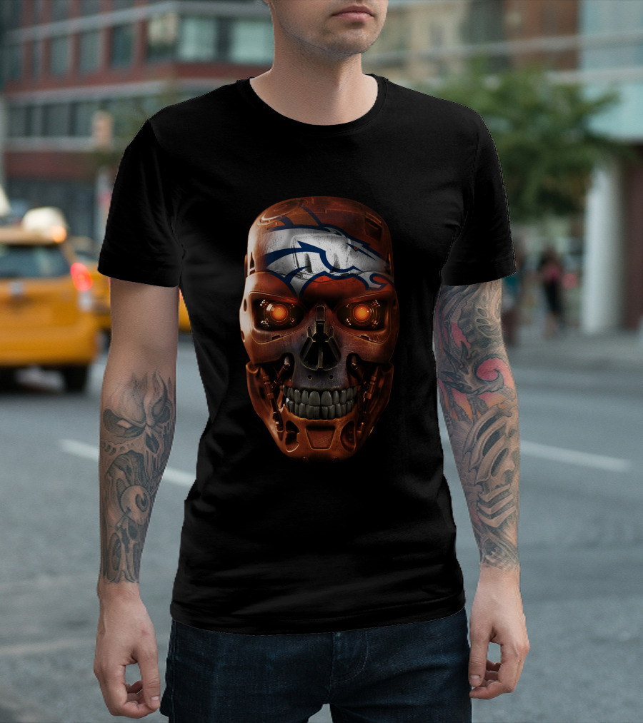 Skull With Broncos Logo Style T-Shirt