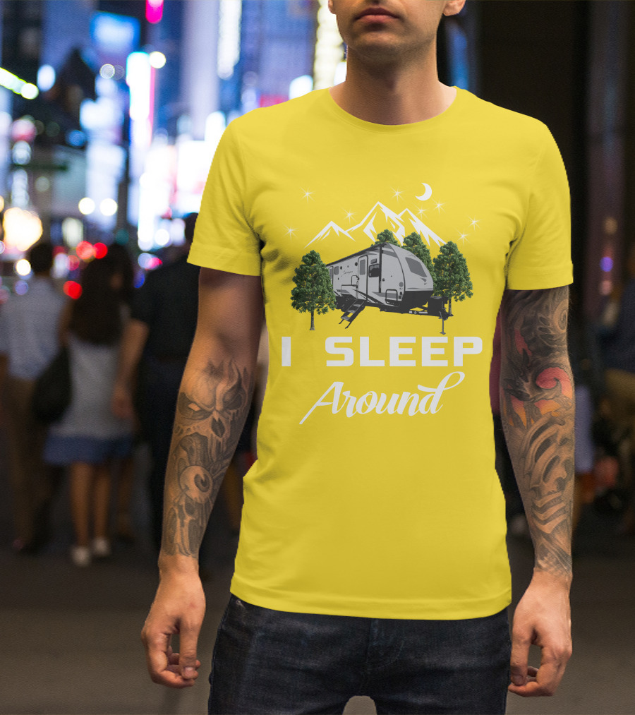 I SLEEP AROUND Forest River Surveyor Camper And Mountain Scene T-Shirt