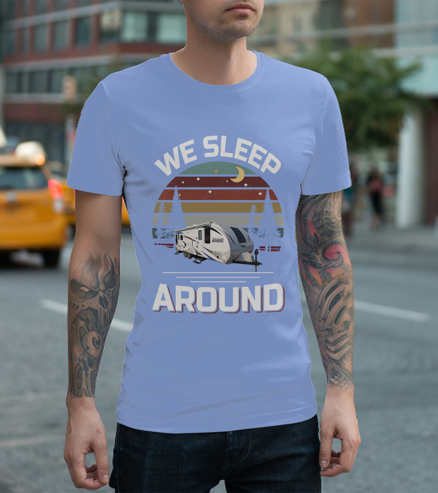 WE SLEEP AROUND Camper Moon Trees Retro Stripes T-Shirt