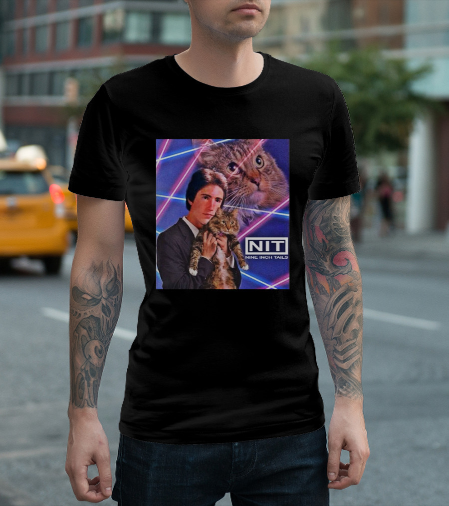 NIT Nine Inch Tails Retro Cat Photoshoot With Neon Lights T-Shirt