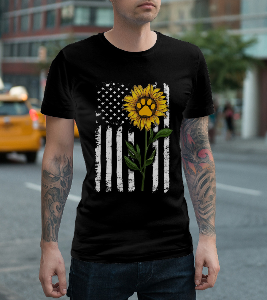 Sunflower Paw American Flag Vertical Stripes T-Shirt