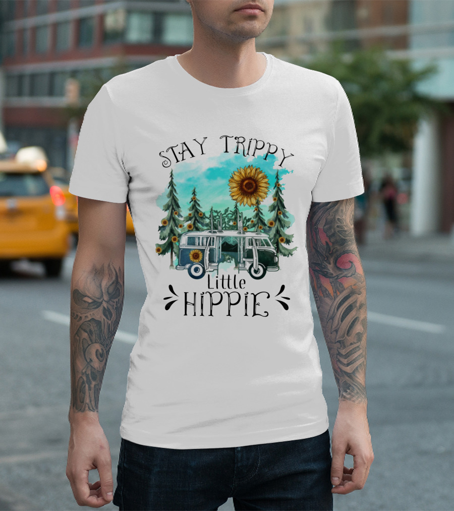 Stay Trippy Little Hippie Sunflower Van Among Forest Pines T-Shirt