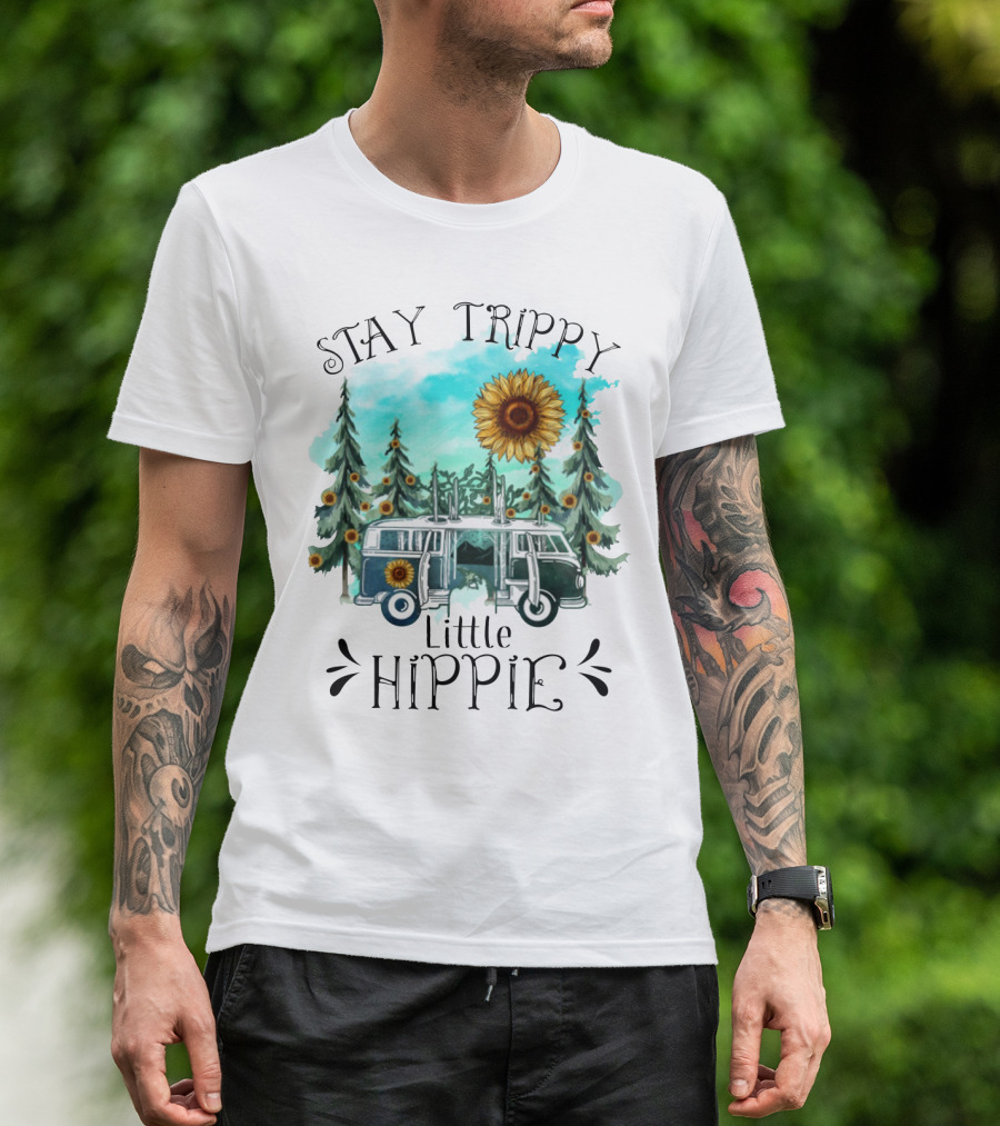 Stay Trippy Little Hippie Sunflower Van Among Forest Pines T-Shirt