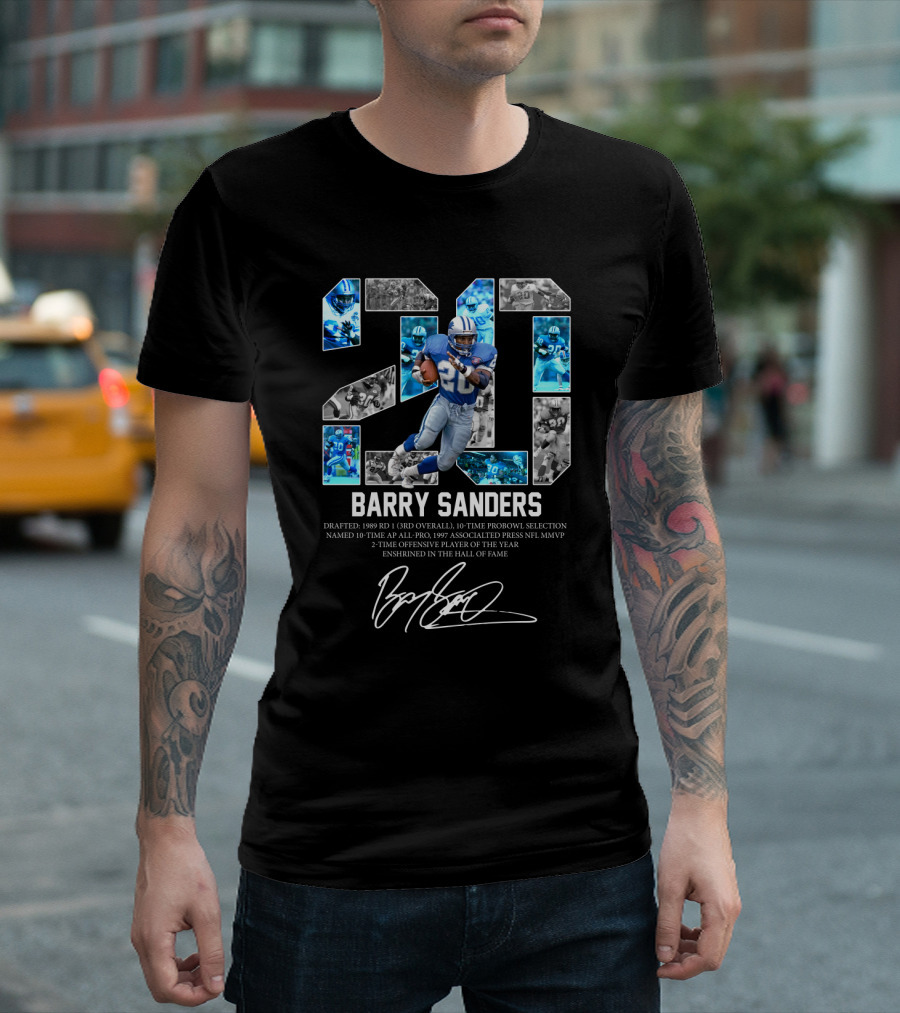 Barry Sanders 20 Drafted 1989 3rd Overall 10-Time Pro Bowl Selection NFL MVP Enshrined in the Hall of Fame Signature T-Shirt