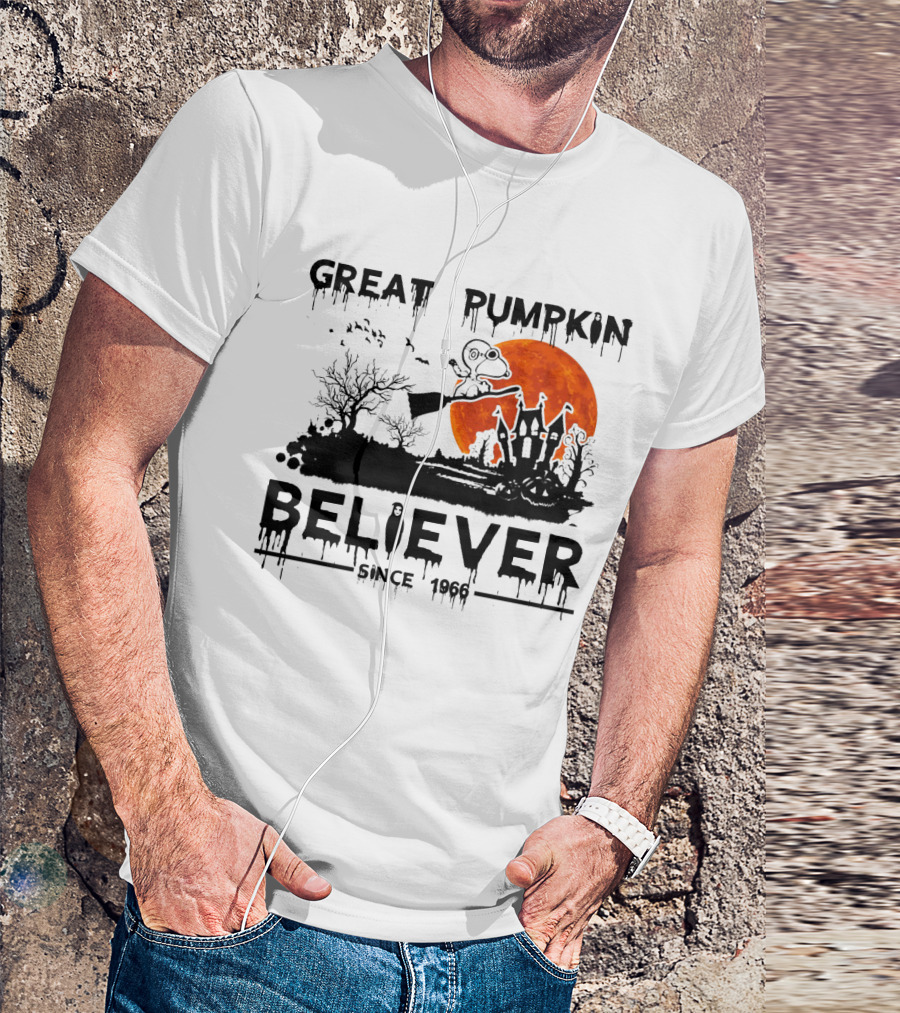 Great Pumpkin Believer Since 1966 Snoopy Flying On Broomstick Halloween Scene T-Shirt