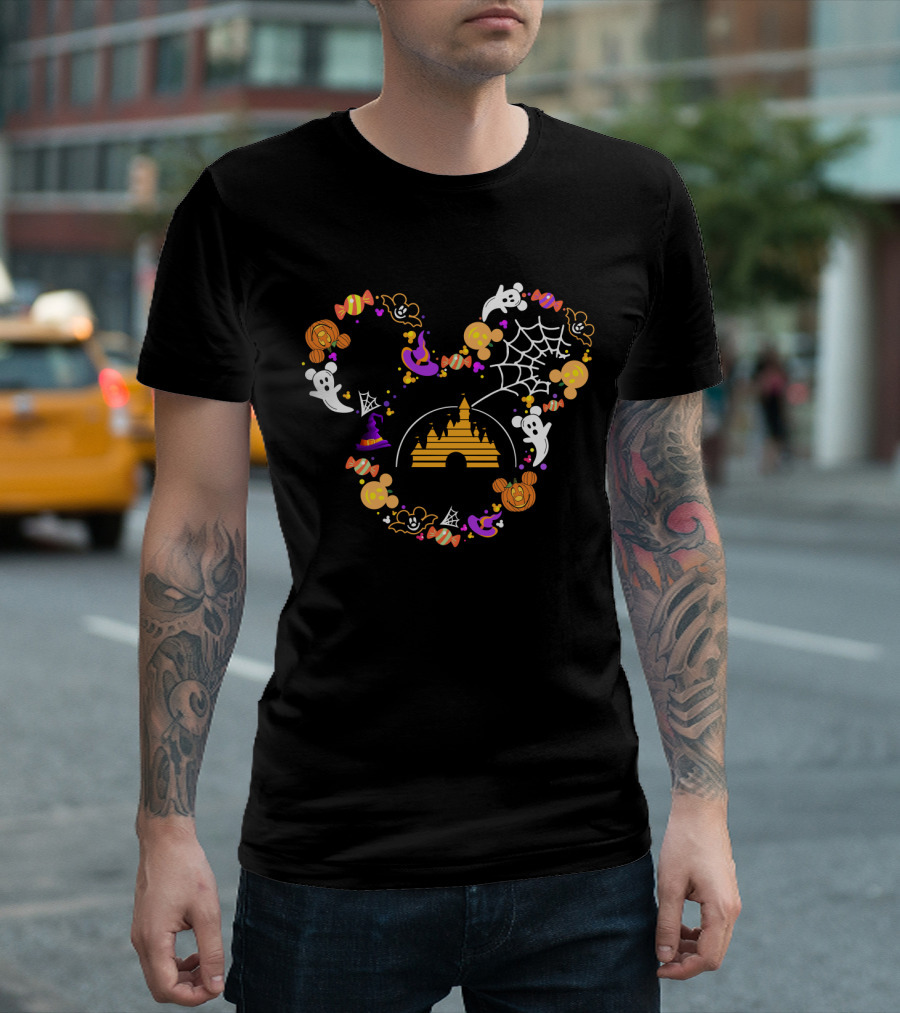 Disney Halloween Mickey Ears Castle Ghosts Spider Web Candy Icons T-Shirt