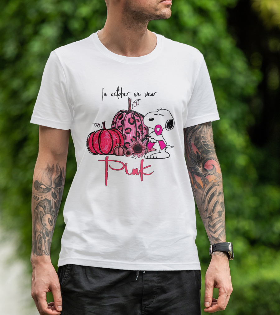 Snoopy Pink Ribbon Pumpkin In October We Wear Pink T-Shirt