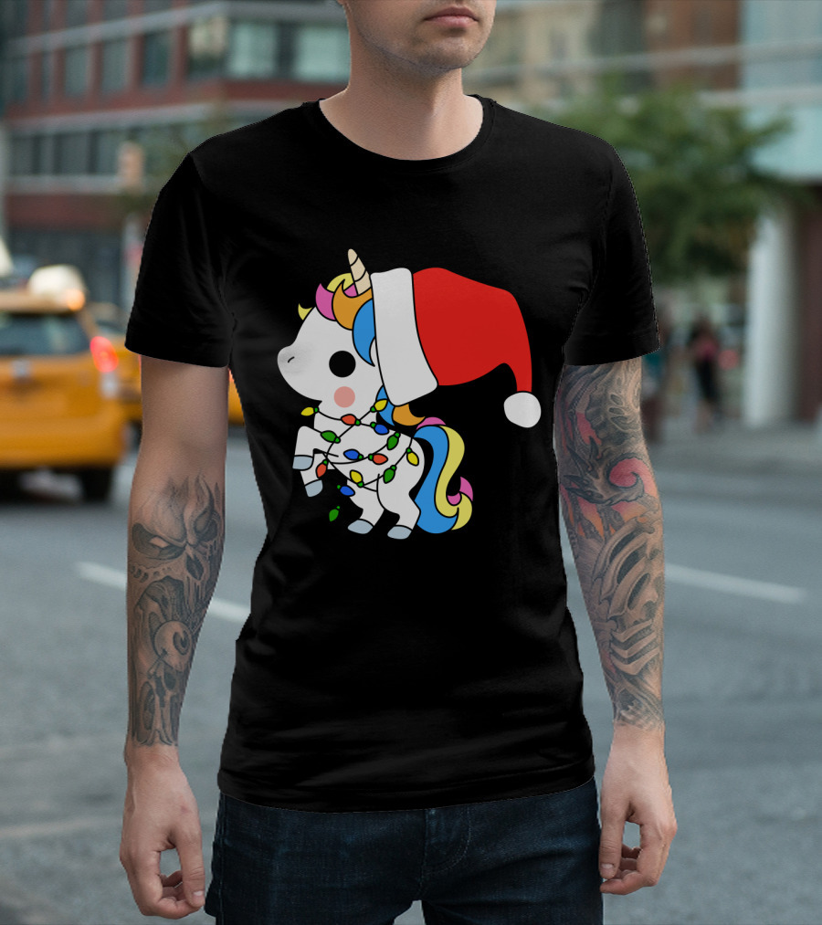 Unicorn Santa Christmas Lights Festive Fantasy T-Shirt