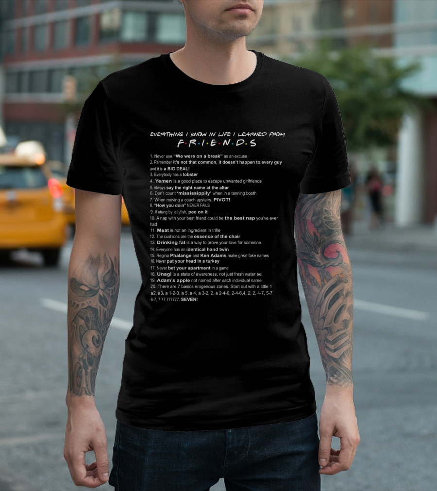 Everything I Know In Life Learned From F.R.I.E.N.D.S List of 20 Iconic Show Lessons and Memorable T-Shirt