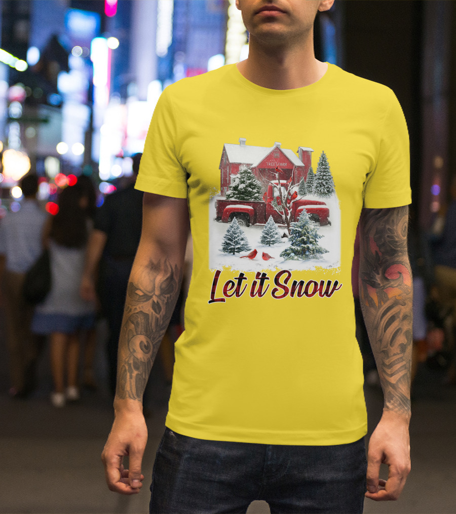 Let It Snow Cardinal Birds Red Tree Farm Holiday Scene T-Shirt