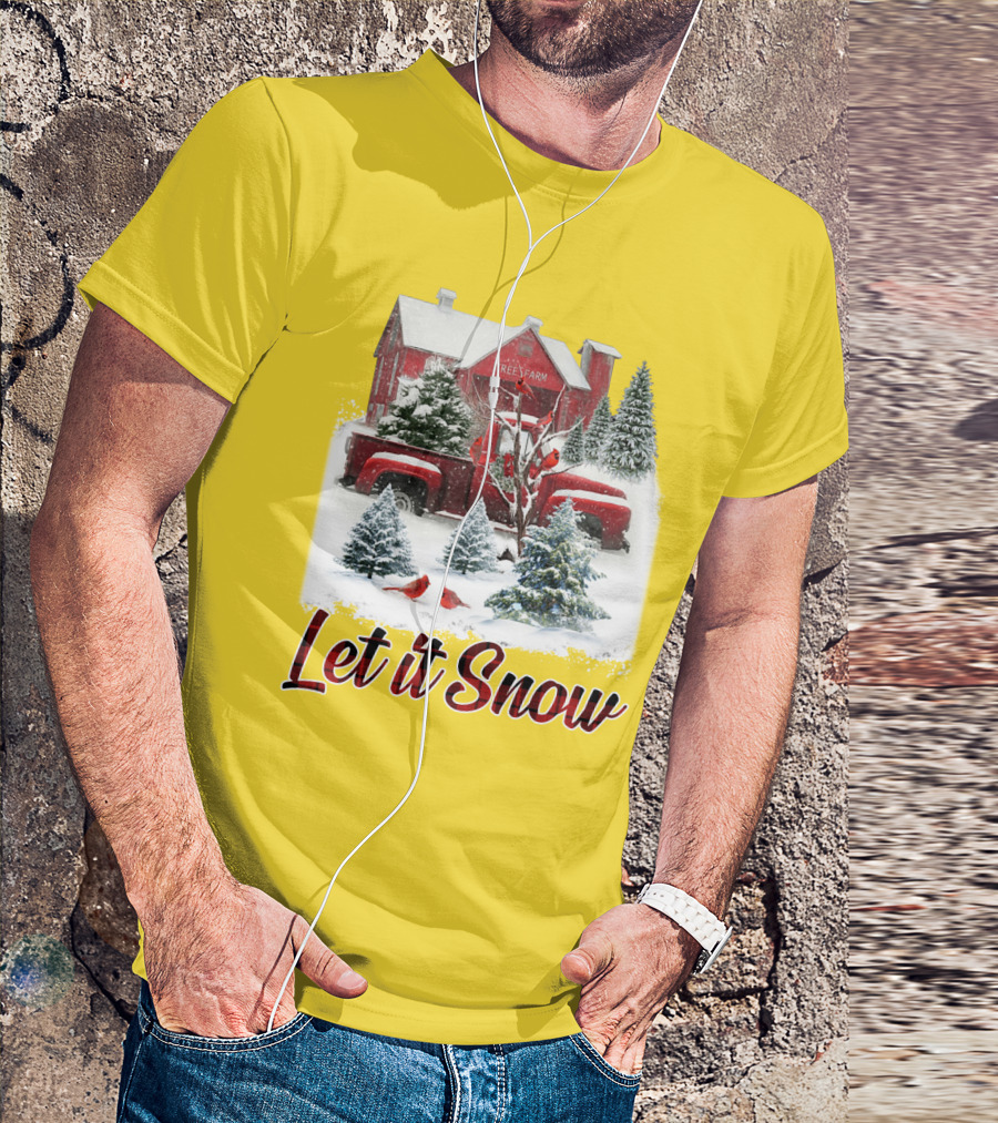 Let It Snow Cardinal Birds Red Tree Farm Holiday Scene T-Shirt
