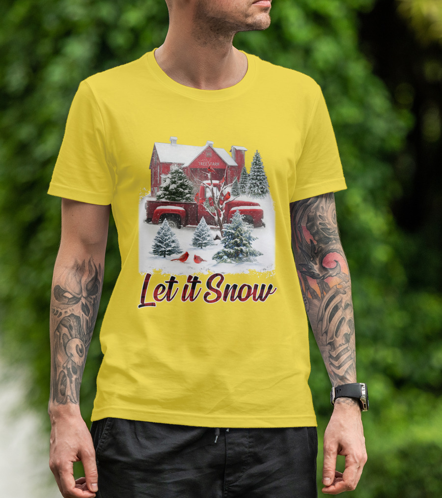 Let It Snow Cardinal Birds Red Tree Farm Holiday Scene T-Shirt